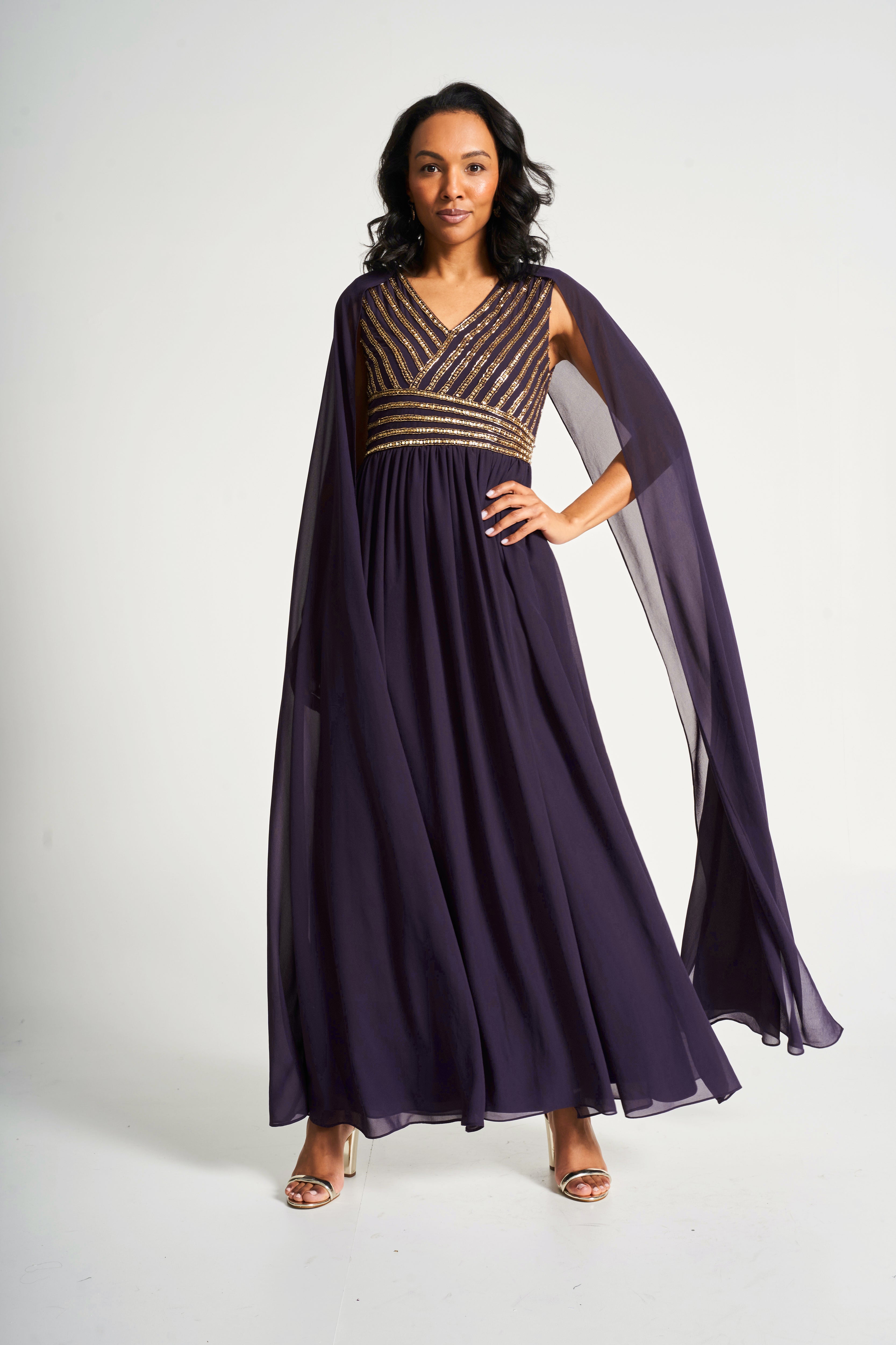 Angelina Deep Plum Sequin Cape Sleeve Maxi Dress Frock and Frill Angelina Deep Plum Sequin Cape Sleeve Maxi Dress Frock and Frill