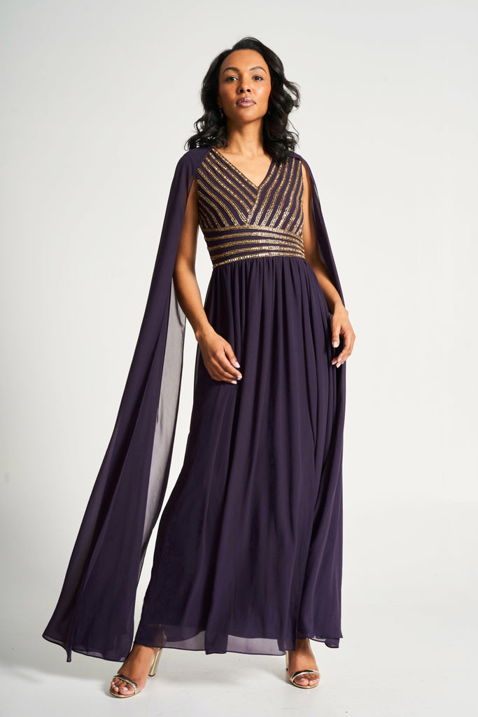 Angelina Deep Plum Sequin Cape Sleeve Maxi Dress – Frock and Frill