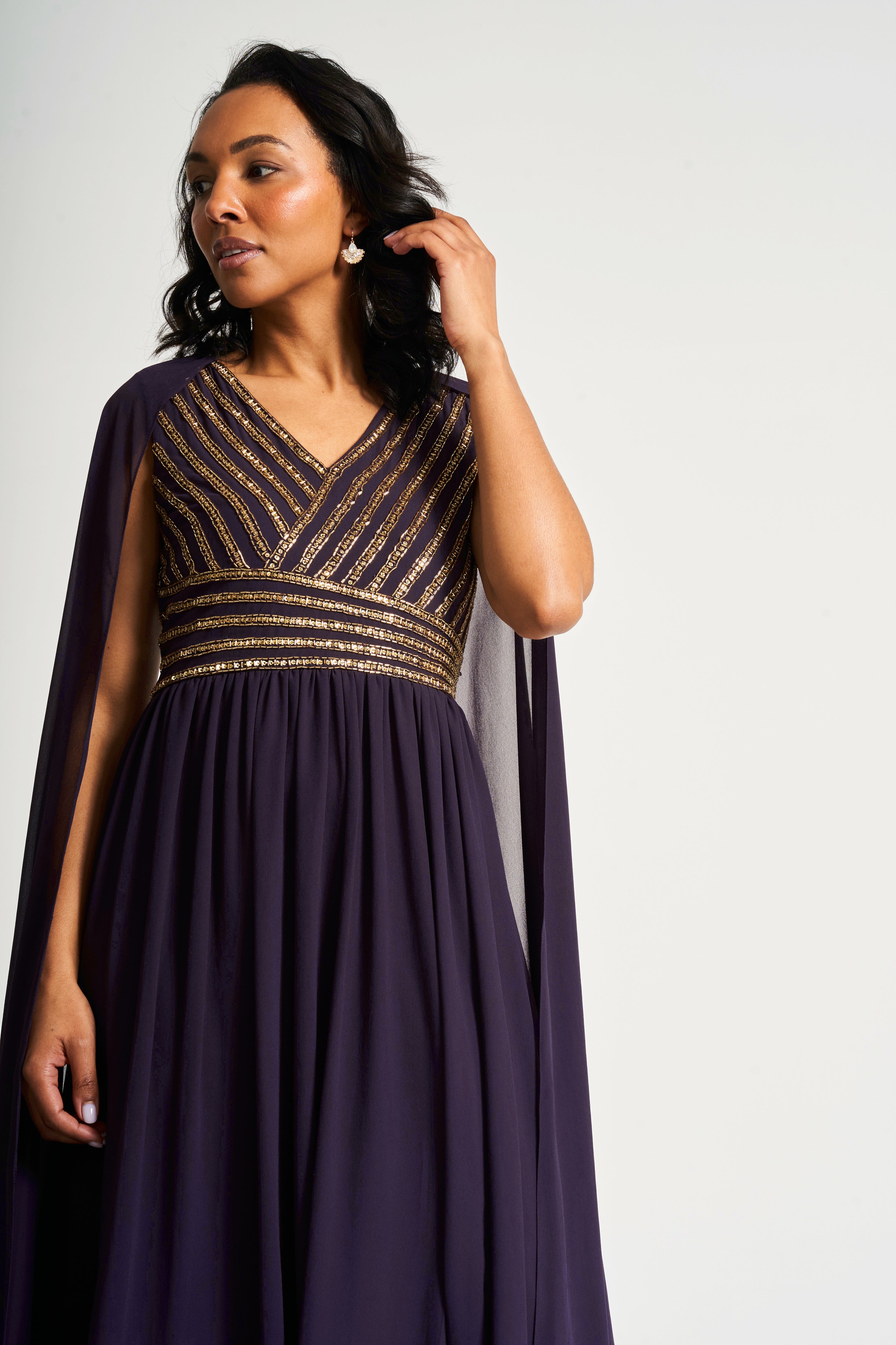 Angelina Deep Plum Sequin Cape Sleeve Maxi Dress Frock and Frill Angelina Deep Plum Sequin Cape Sleeve Maxi Dress Frock and Frill