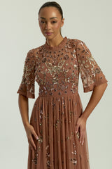 Annelise Bronze Floral Embellished Midaxi Dress