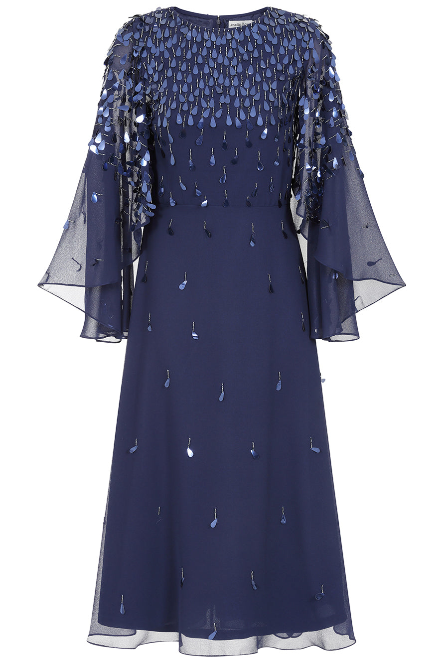 Annette Navy Embellished Cape Sleeve Midi Dress – Frock and Frill
