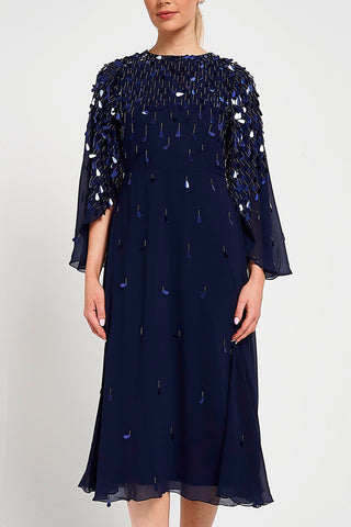 Annette Navy Embellished Cape Sleeve Midi Dress – Frock and Frill