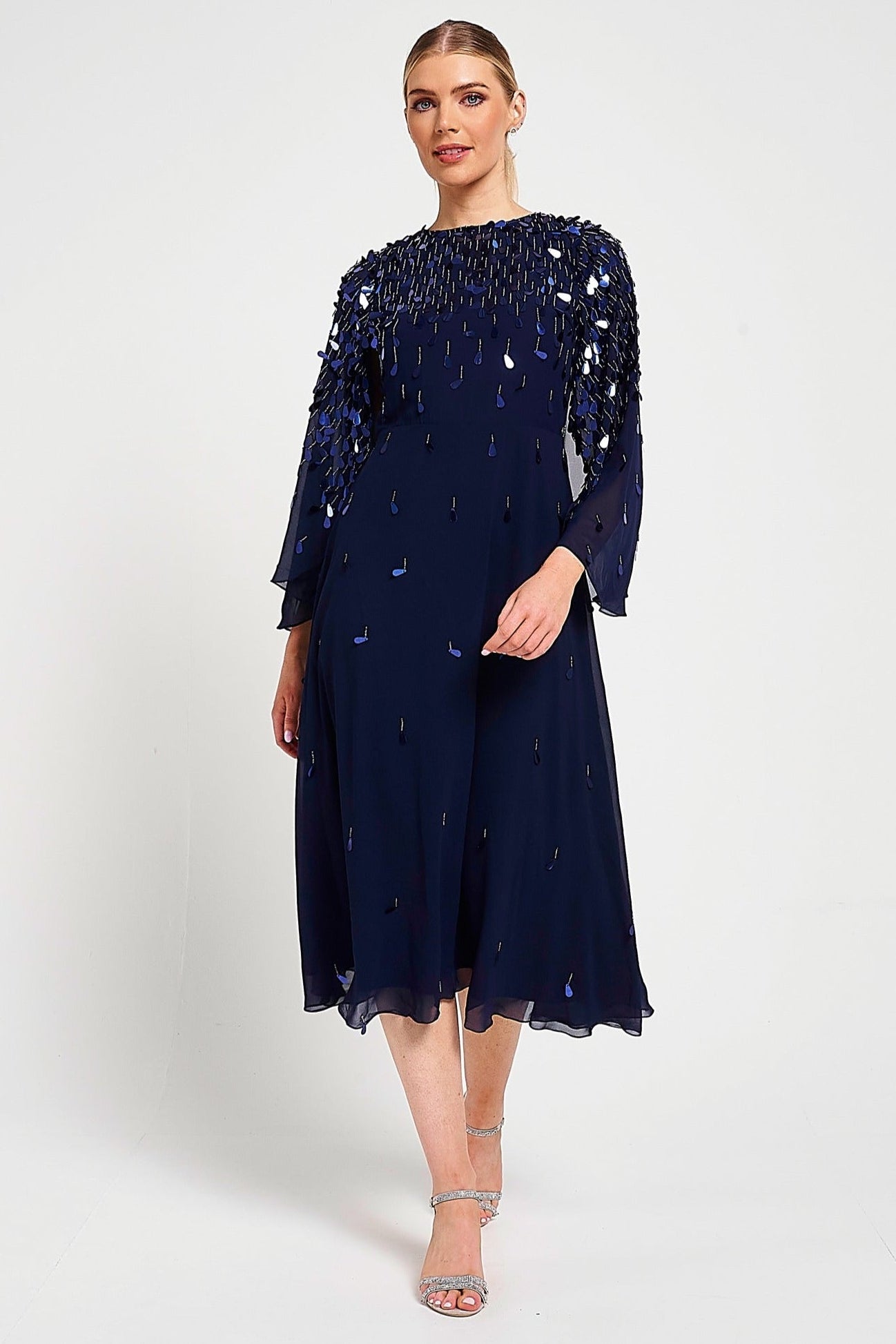Annette Navy Embellished Cape Sleeve Midi Dress – Frock and Frill