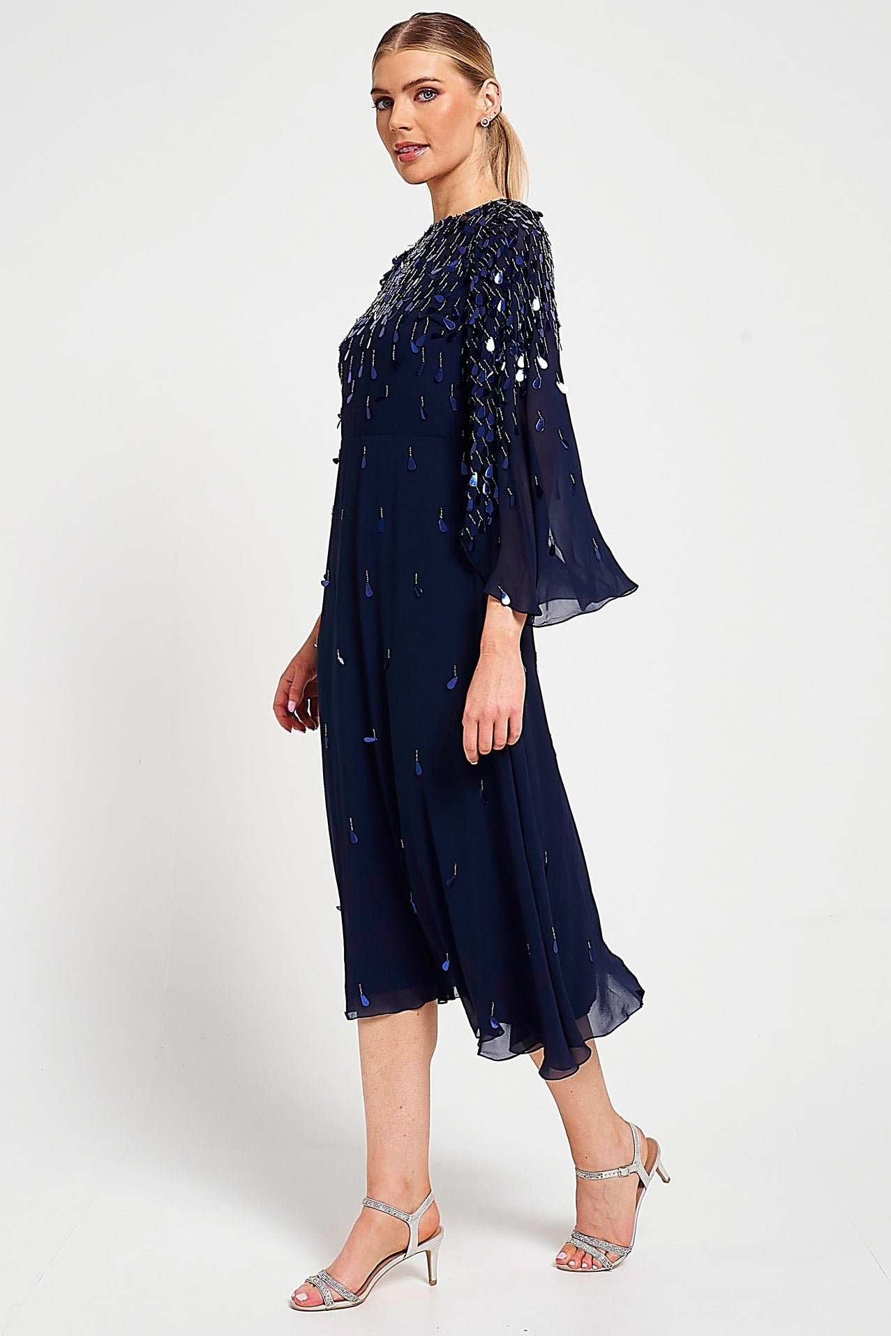 Annette Navy Embellished Cape Sleeve Midi Dress – Frock and Frill