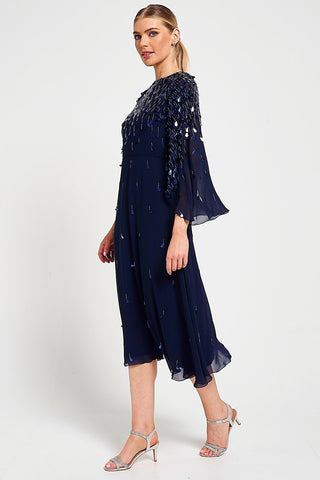 Annette Navy Embellished Cape Sleeve Midi Dress – Frock and Frill