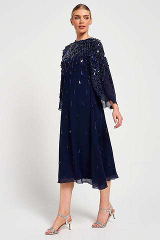 Annette Navy Embellished Cape Sleeve Midi Dress – Frock and Frill