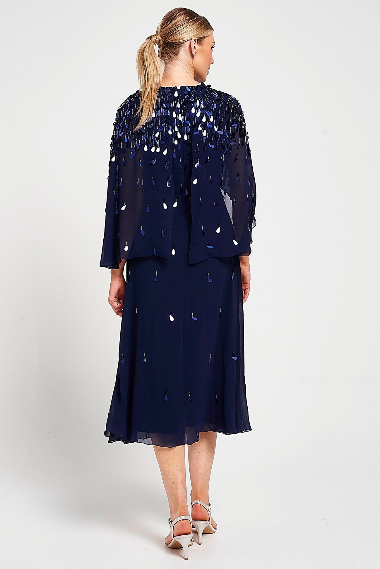 Annette Navy Embellished Cape Sleeve Midi Dress – Frock and Frill
