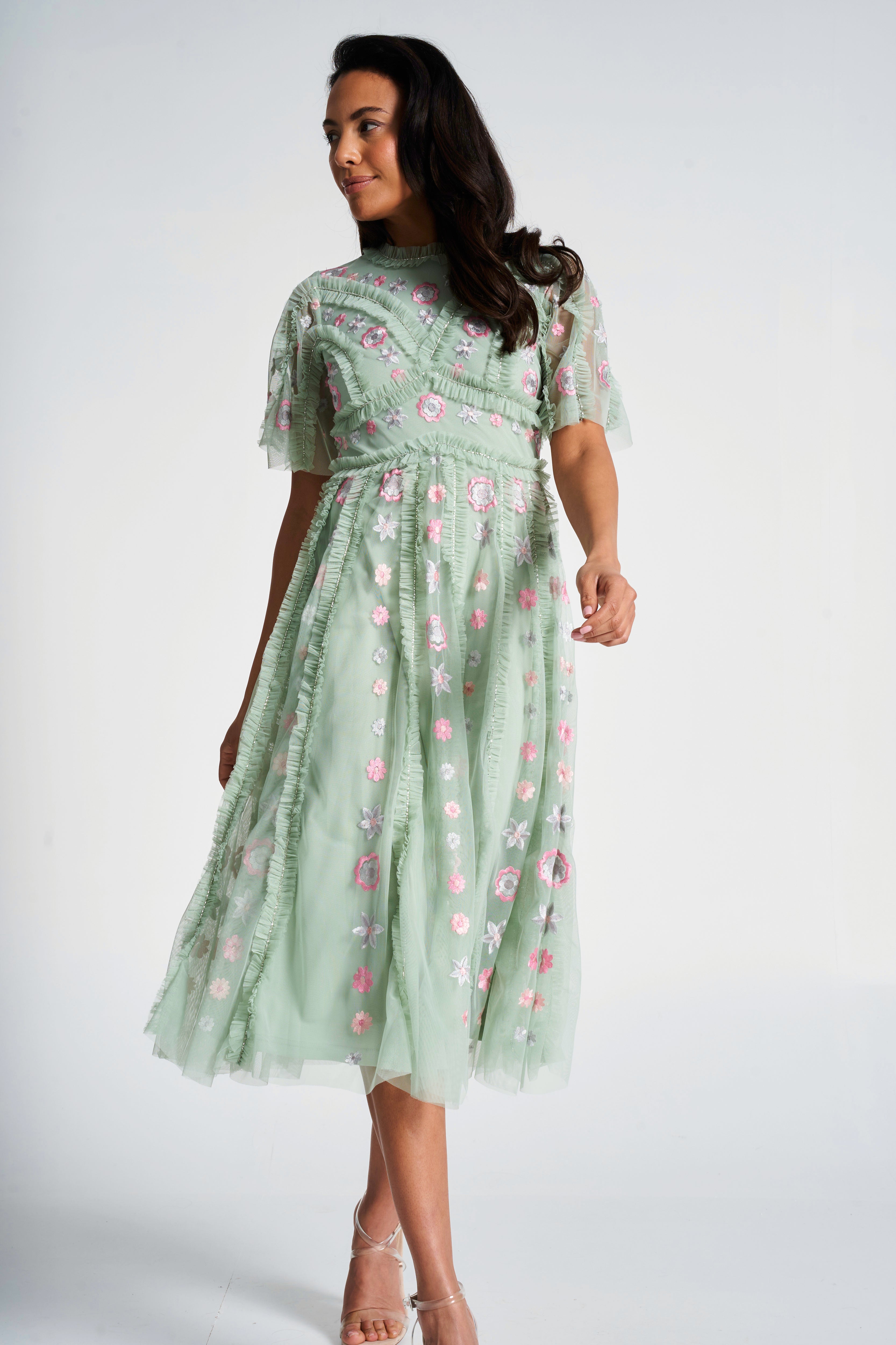 Anthea Green Floral Embroidered Midi Dress