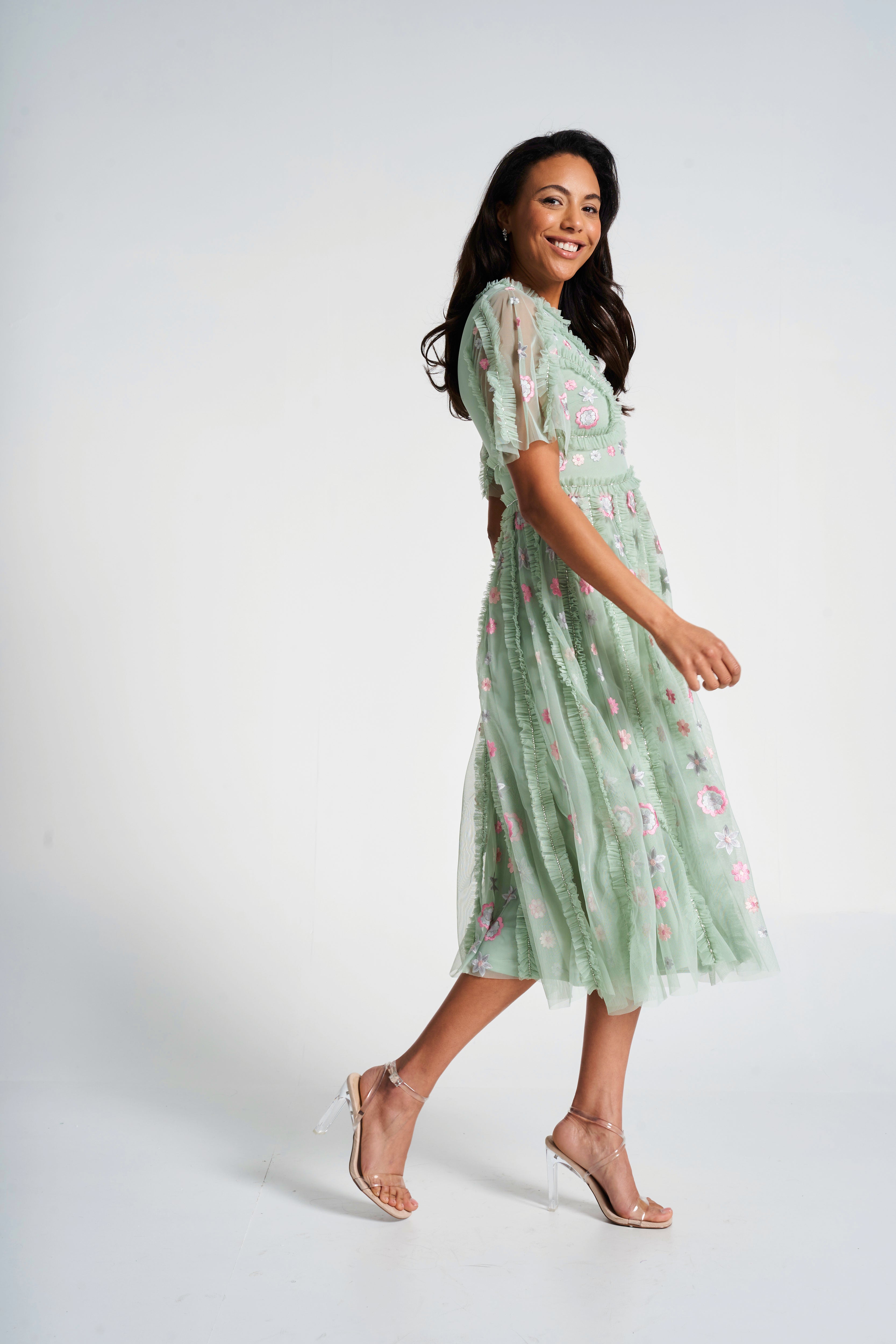 green floral midi dress Melody this green floral dress features a romantic midi Floral Midi Dresses Anthea Green