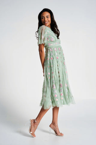 frock frill Anthea Green Floral Embroidered Midi Dress Discount