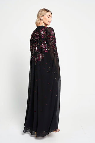 Una Black Embellished Cape Sleeve Midi Dress