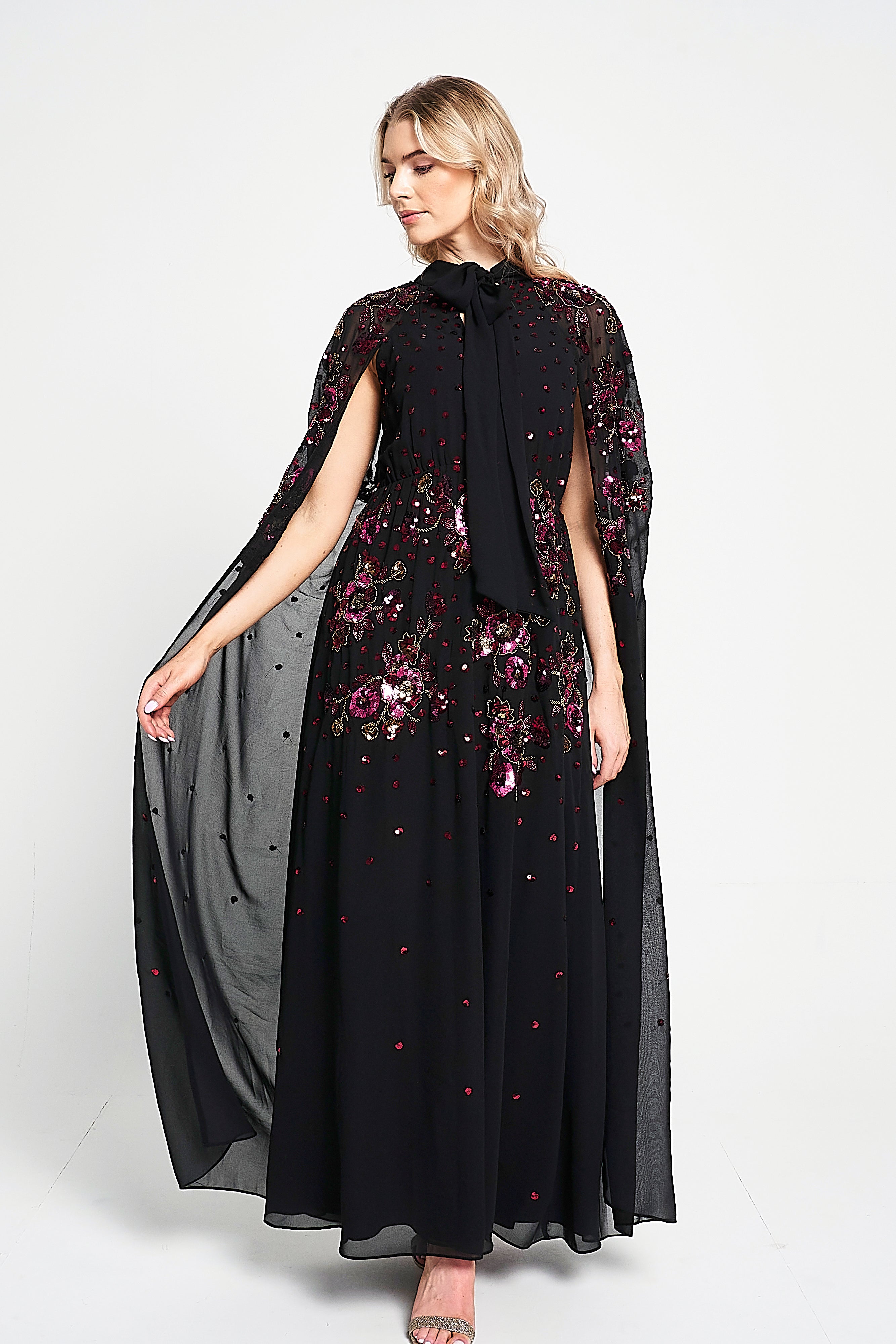 Anya Black Embellished Cape Sleeve Maxi Dress – Frock and Frill