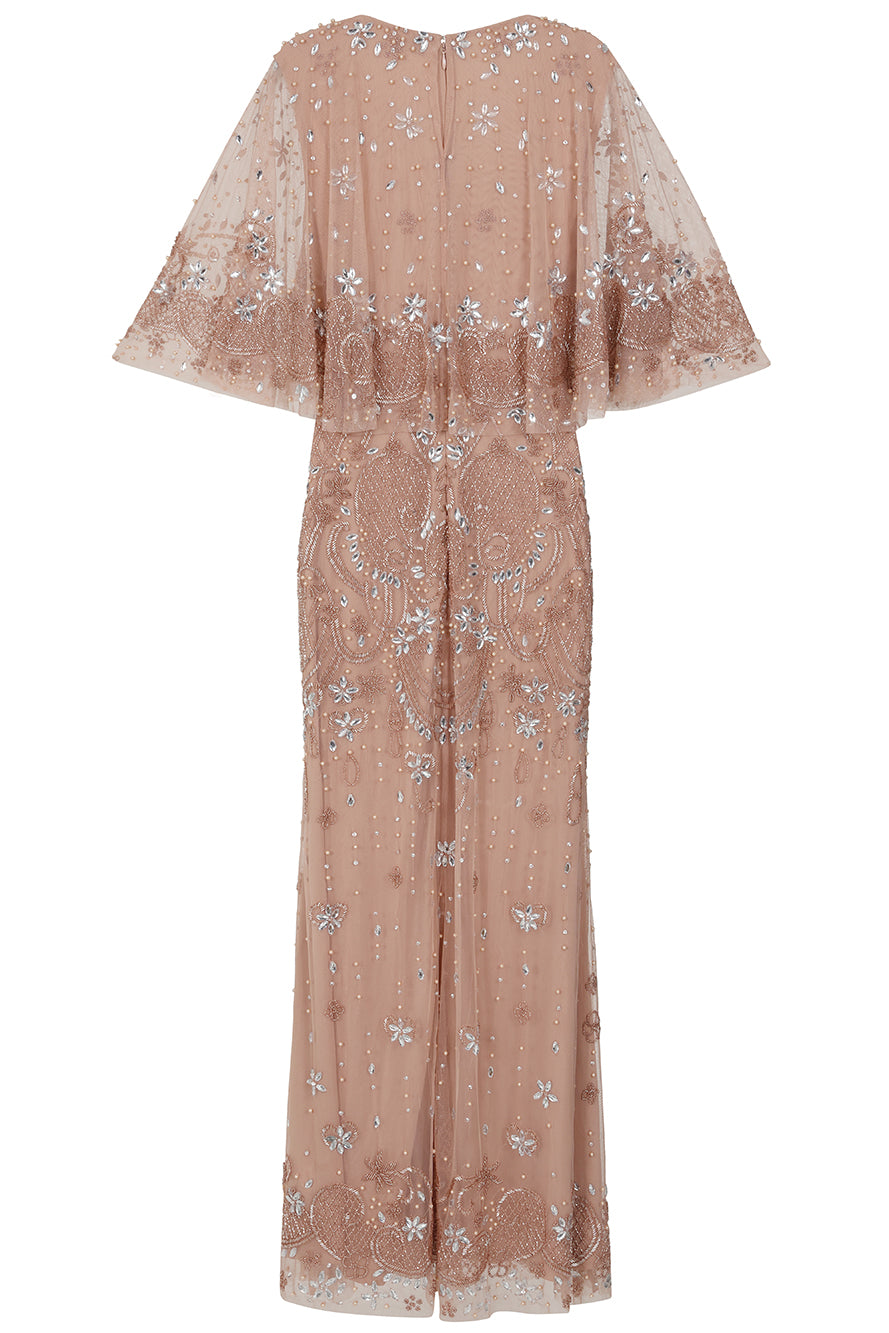 Arabella Blush Embellished Cape Sleeve Maxi Dress