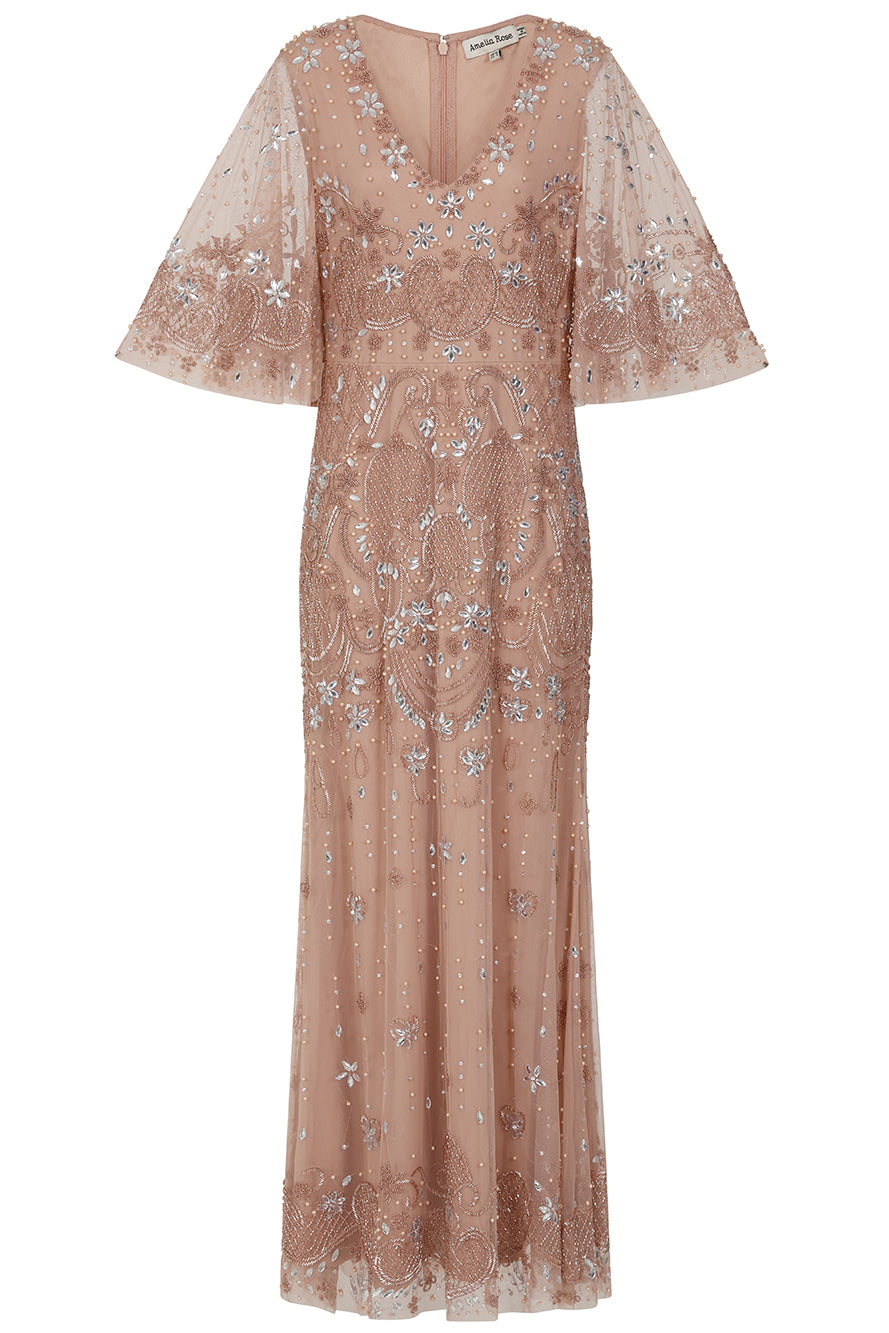 Arabella Blush Embellished Cape Sleeve Maxi Dress