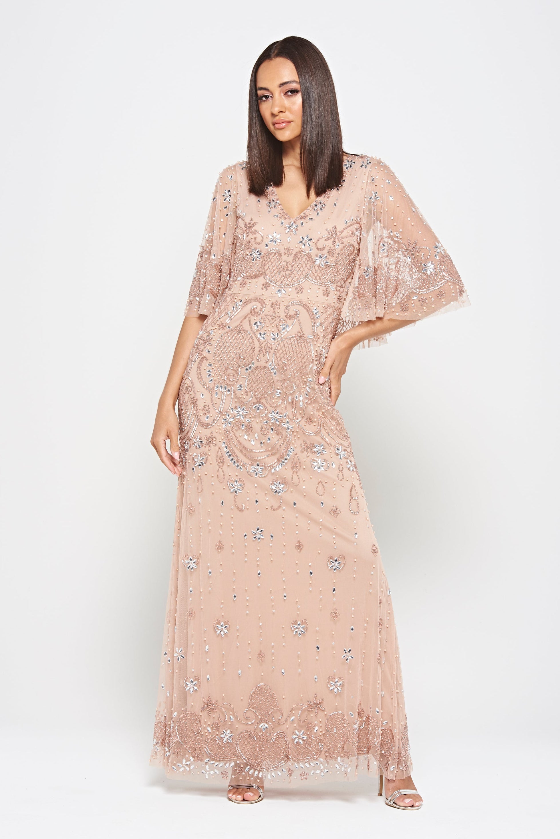 Arabella Blush Embellished Cape Sleeve Maxi Dress – Frock and Frill