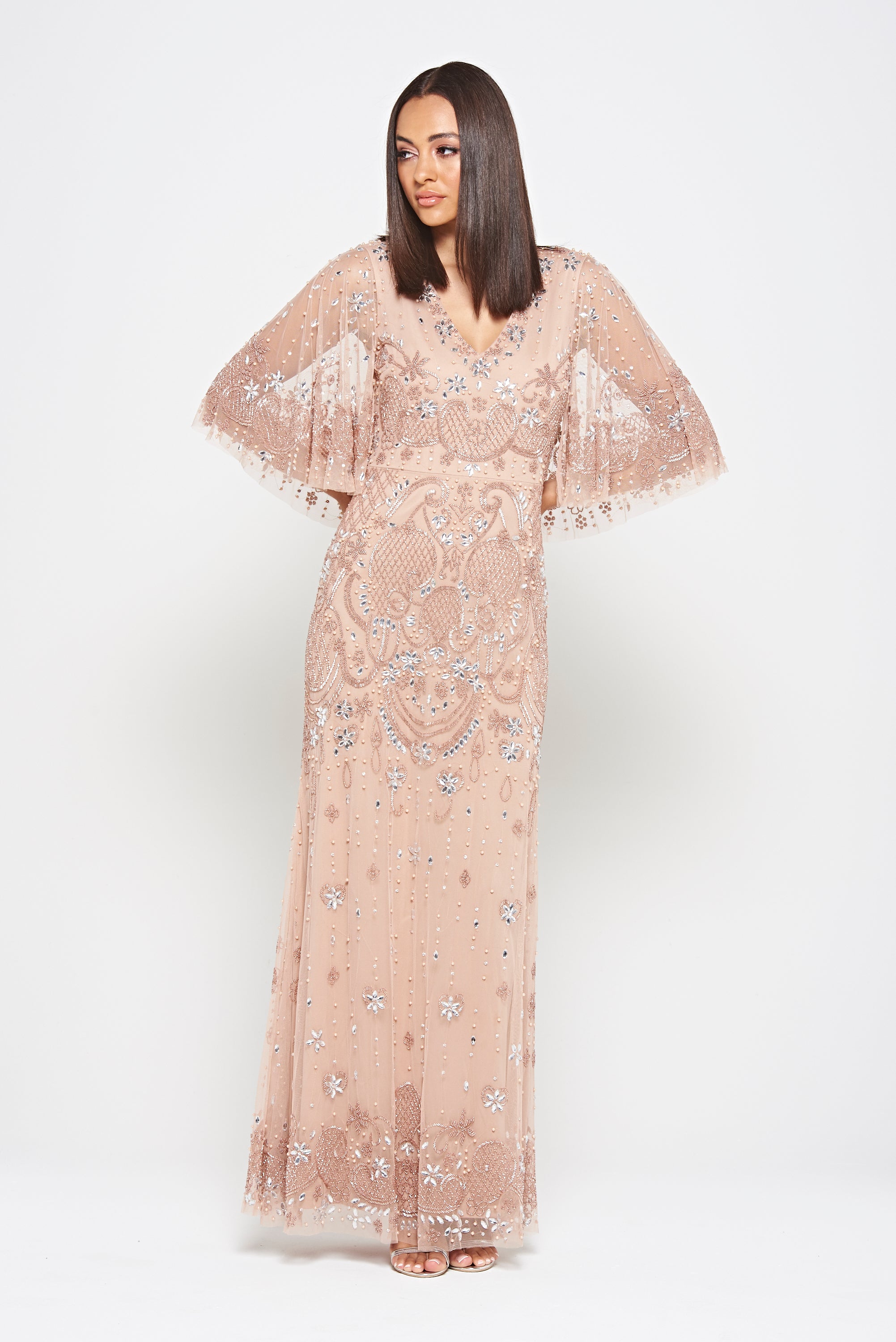 Arabella Blush Embellished Cape Sleeve Maxi Dress Frock and Frill Arabella Blush Embellished Cape Sleeve Maxi Dress Frock and Frill