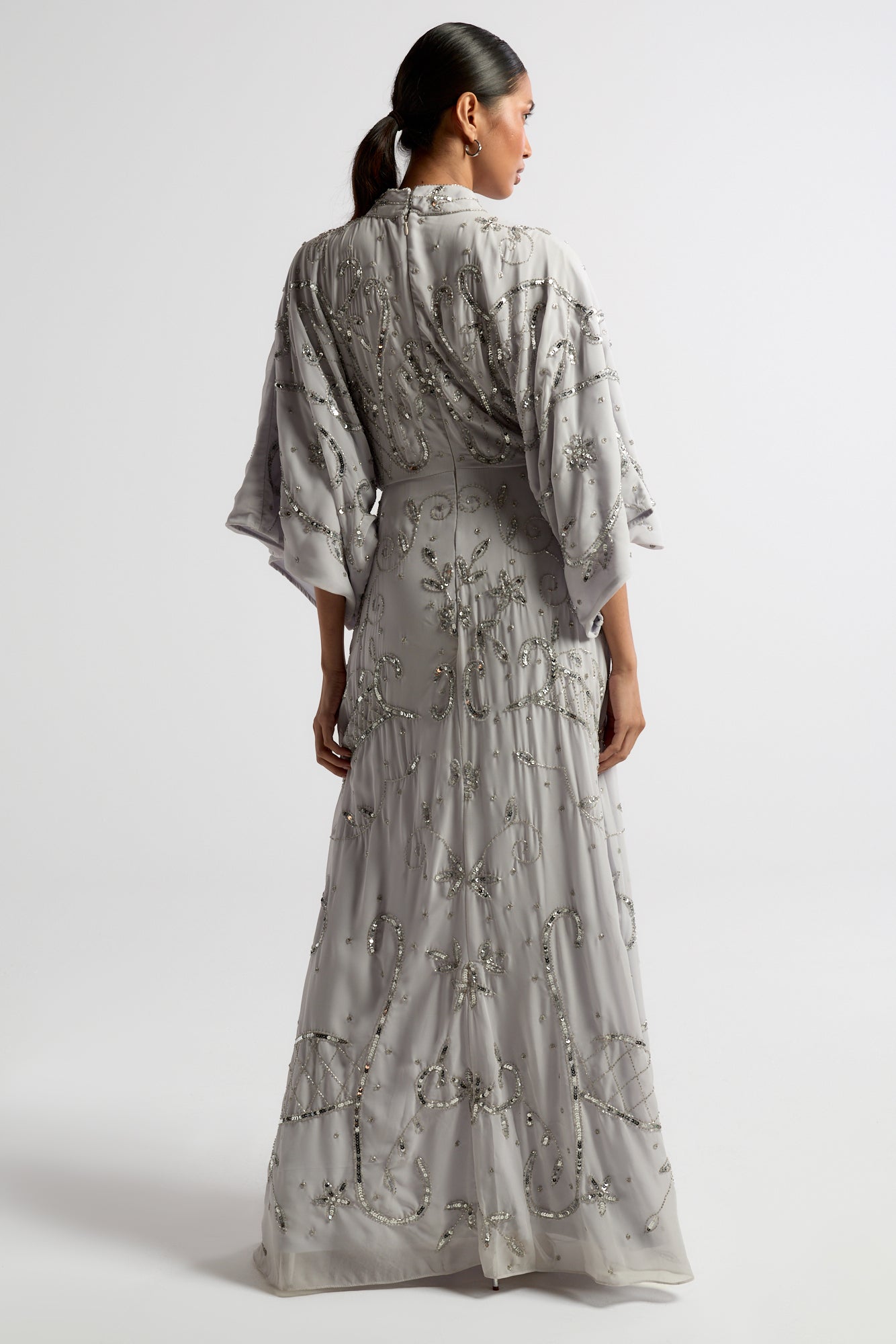 grey embellished maxi dress Sleeveless Sequin V-Neck, Elevated Nights Maxi Dress in Grey, Size M, For Holiday Party Or Wedding Guest