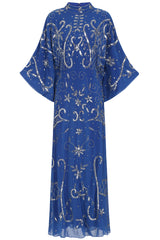 Blue Aramina Maxi Dress by Frock and Frill, featuring elegant silver beadwork and a modest floor-length silhouette, perfect for weddings and evening events.