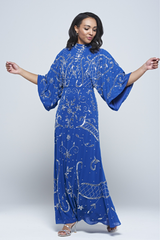 Blue Aramina Maxi Dress by Frock and Frill, featuring elegant silver beadwork and a modest floor-length silhouette, perfect for weddings and evening events.