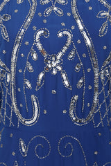 Blue Aramina Maxi Dress by Frock and Frill, featuring elegant silver beadwork and a modest floor-length silhouette, perfect for weddings and evening events.