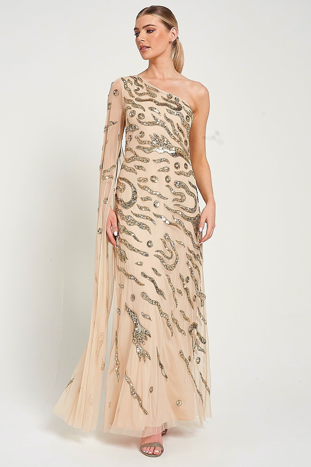 Arlene One Shoulder Cape Sleeve Embellished Maxi Dress – Frock and Frill Arlene One Shoulder Cape Sleeve Embellished Maxi Dress – Frock and Frill