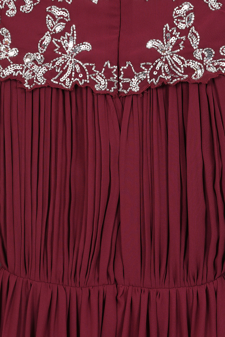 Aruna Burgundy Embellished Cape Sleeve Maxi Dress