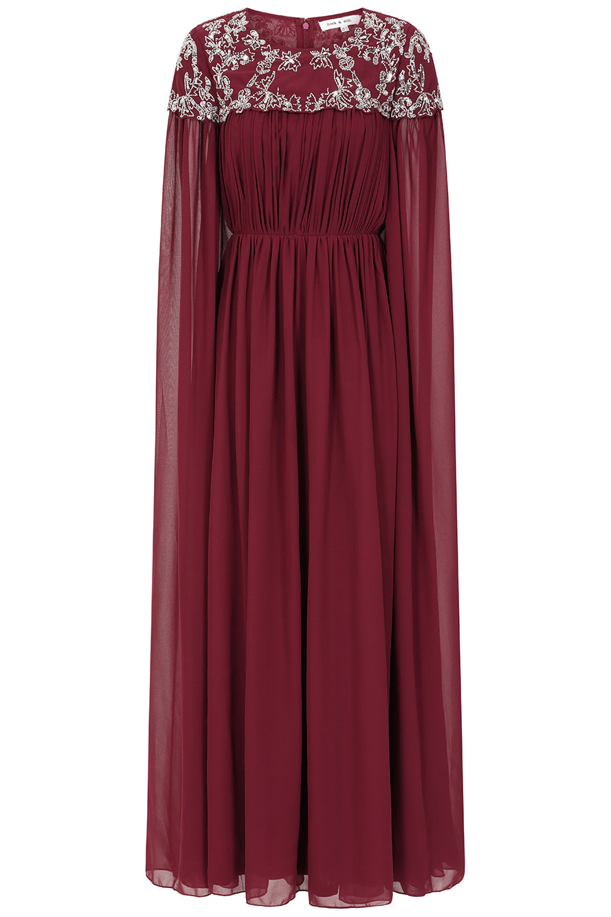 Aruna Burgundy Embellished Cape Sleeve Maxi Dress Frock and Frill Aruna Burgundy Embellished Cape Sleeve Maxi Dress Frock and Frill