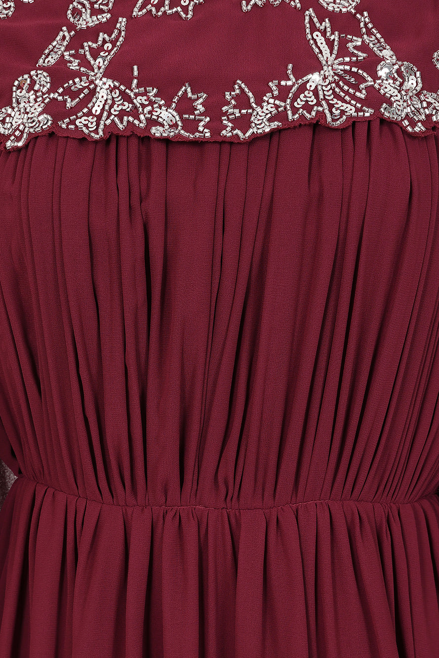 Aruna Burgundy Embellished Cape Sleeve Maxi Dress