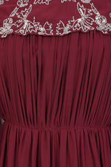 Aruna Burgundy Embellished Cape Sleeve Maxi Dress