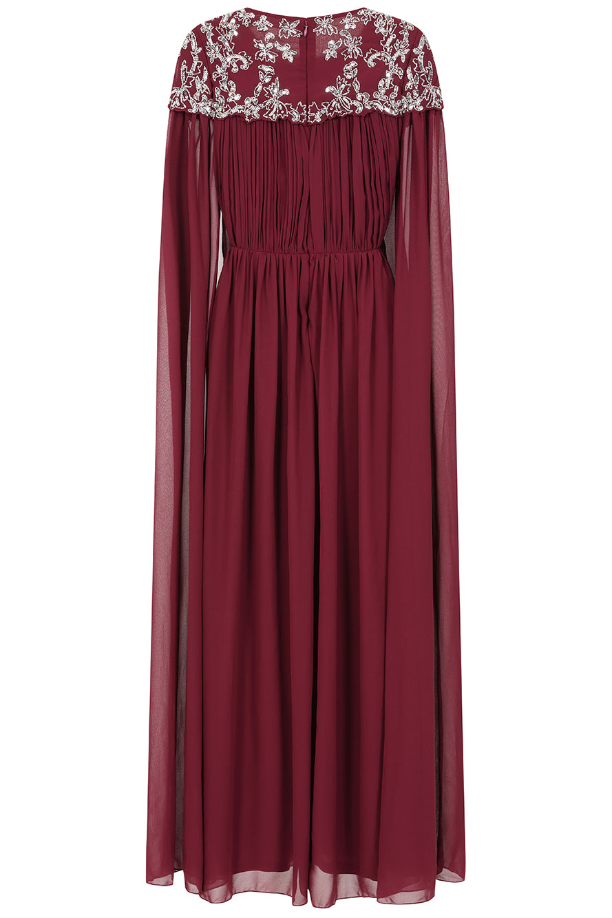 Aruna Burgundy Embellished Cape Sleeve Maxi Dress Frock and Frill Aruna Burgundy Embellished Cape Sleeve Maxi Dress Frock and Frill