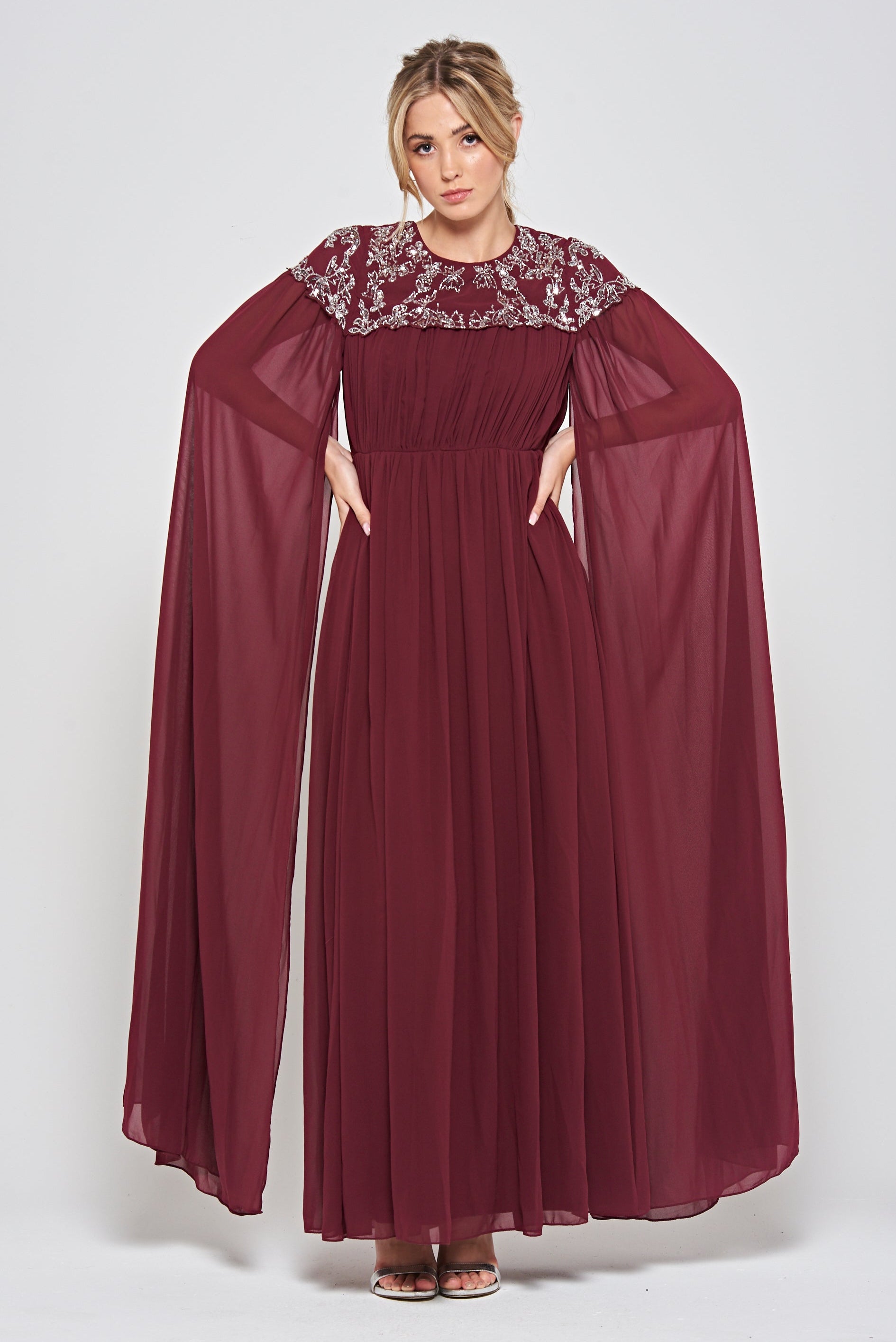 Aruna Burgundy Embellished Cape Sleeve Maxi Dress Frock and Frill Aruna Burgundy Embellished Cape Sleeve Maxi Dress Frock and Frill