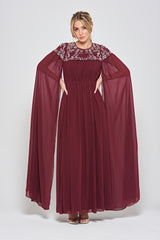 Aruna Burgundy Embellished Cape Sleeve Maxi Dress