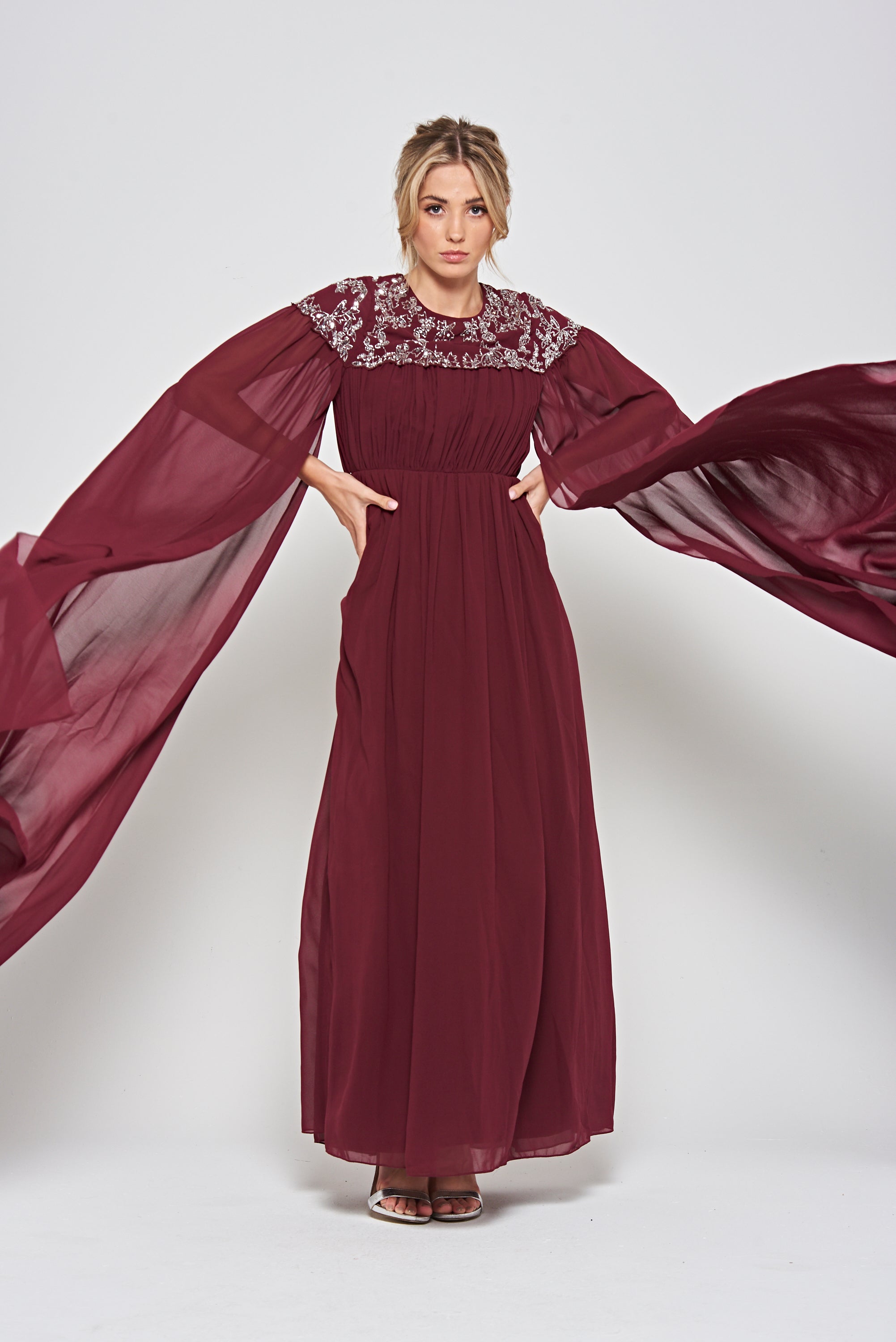 Aruna Burgundy Embellished Cape Sleeve Maxi Dress