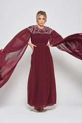 Aruna Burgundy Embellished Cape Sleeve Maxi Dress