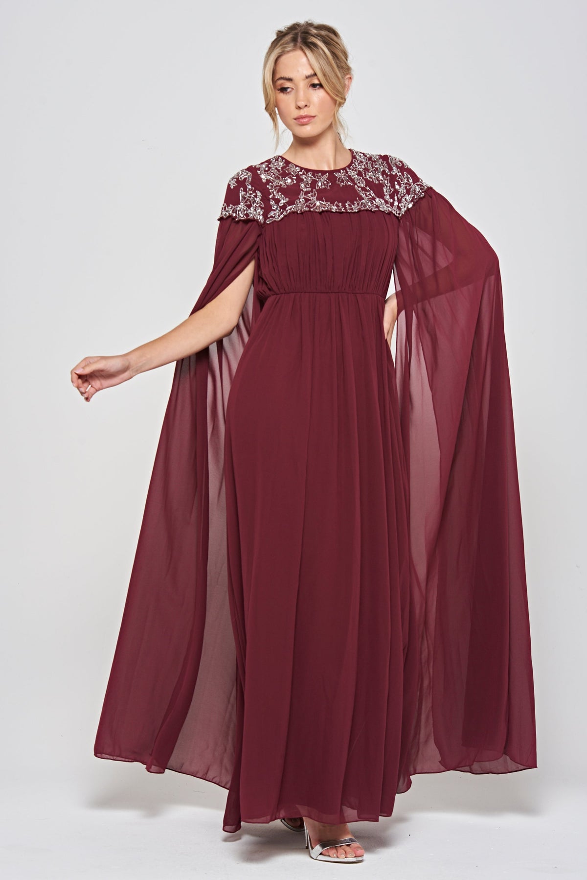 Aruna Burgundy Embellished Cape Sleeve Maxi Dress