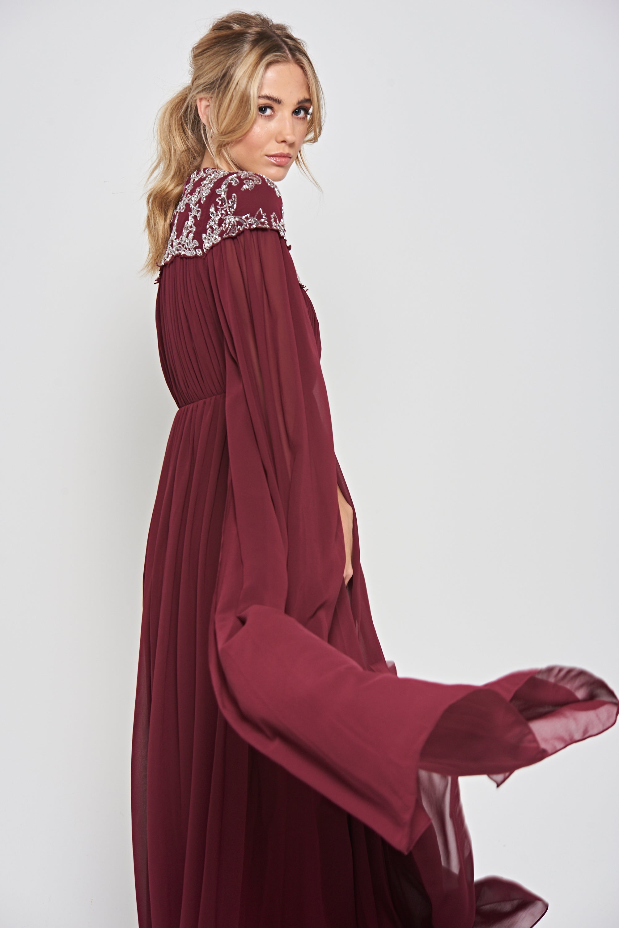 Aruna Burgundy Embellished Cape Sleeve Maxi Dress Frock and Frill Aruna Burgundy Embellished Cape Sleeve Maxi Dress Frock and Frill