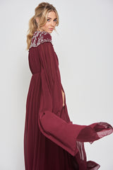 Aruna Burgundy Embellished Cape Sleeve Maxi Dress