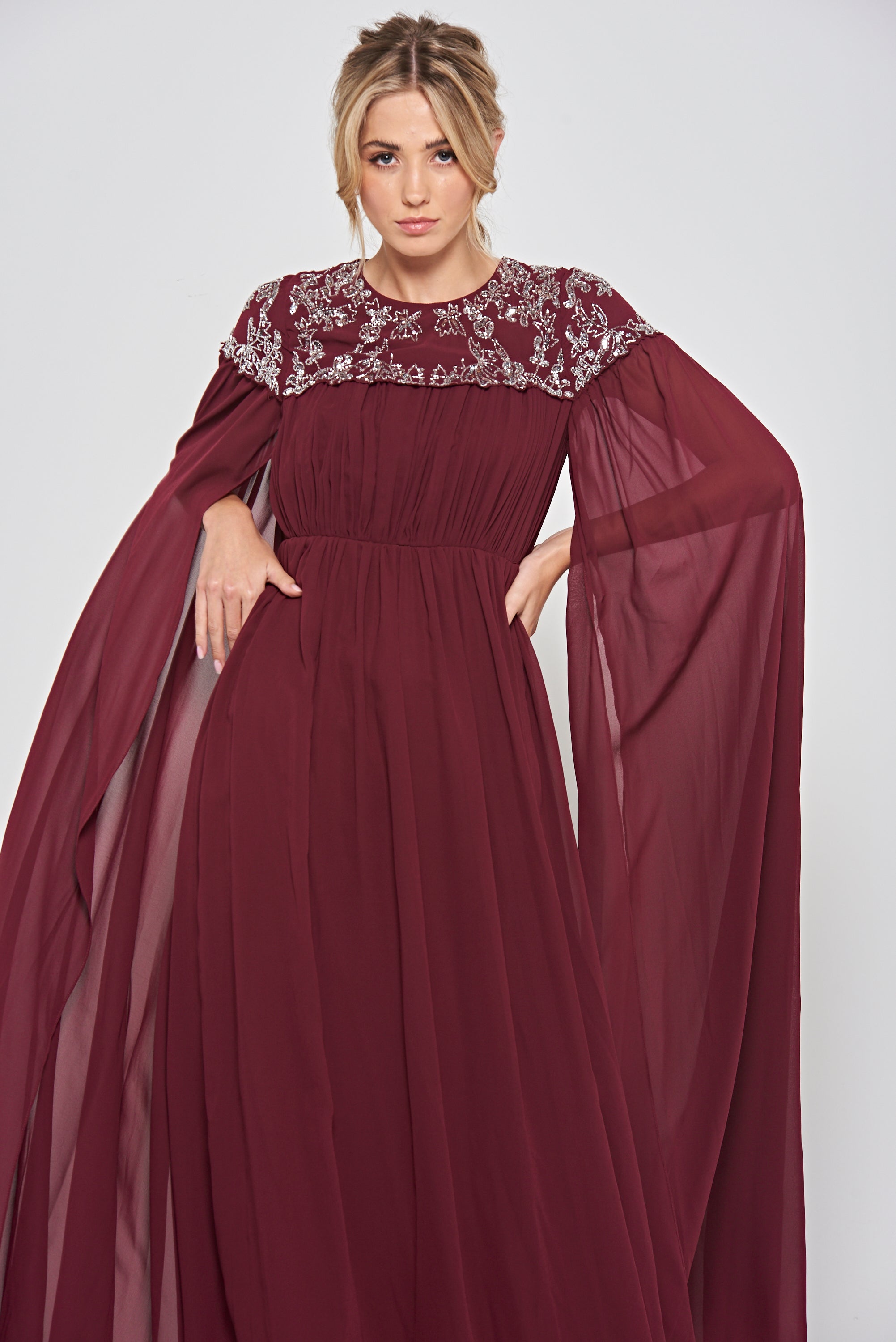 Aruna Burgundy Embellished Cape Sleeve Maxi Dress Frock and Frill Aruna Burgundy Embellished Cape Sleeve Maxi Dress Frock and Frill