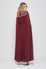 Aruna Burgundy Embellished Cape Sleeve Maxi Dress