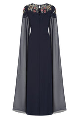 Aster Navy Floral Embellished Cape Sleeve Maxi Dress