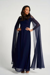 Aster Navy Floral Embellished Cape Sleeve Maxi Dress