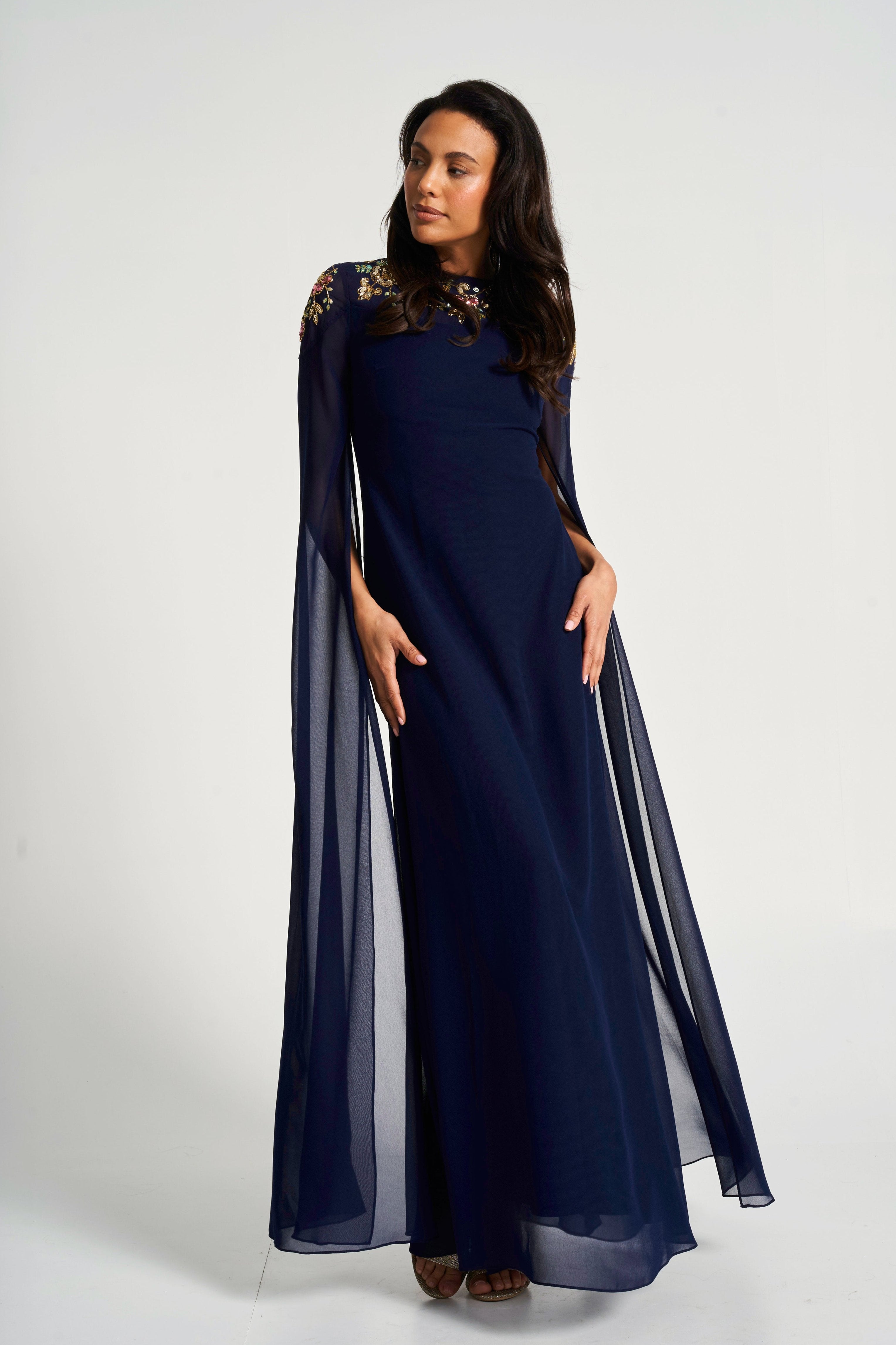 Aster Navy Floral Embellished Cape Sleeve Maxi Dress – Frock and Frill