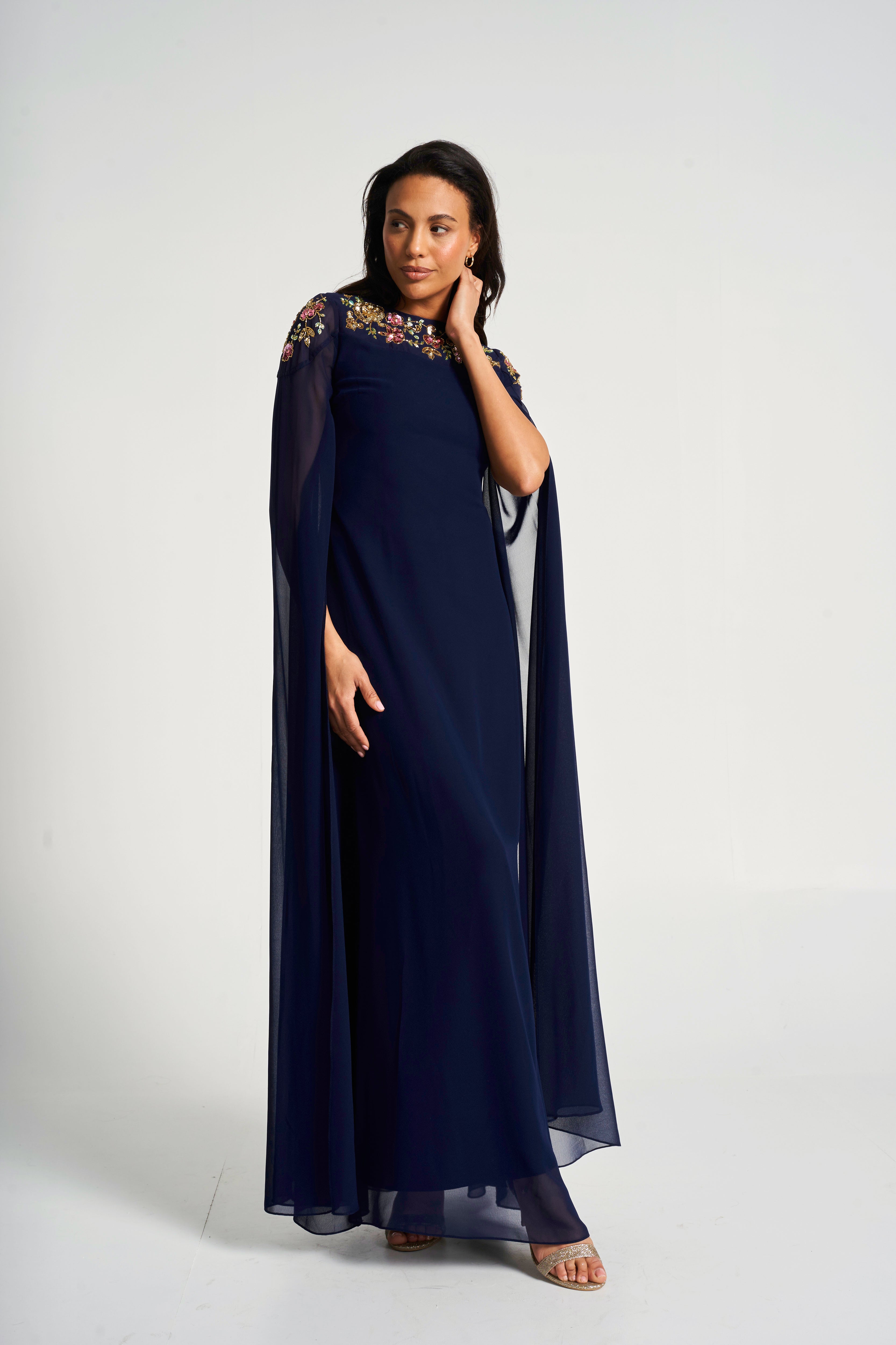 Aster Navy Floral Embellished Cape Sleeve Maxi Dress