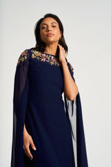 Aster Navy Floral Embellished Cape Sleeve Maxi Dress