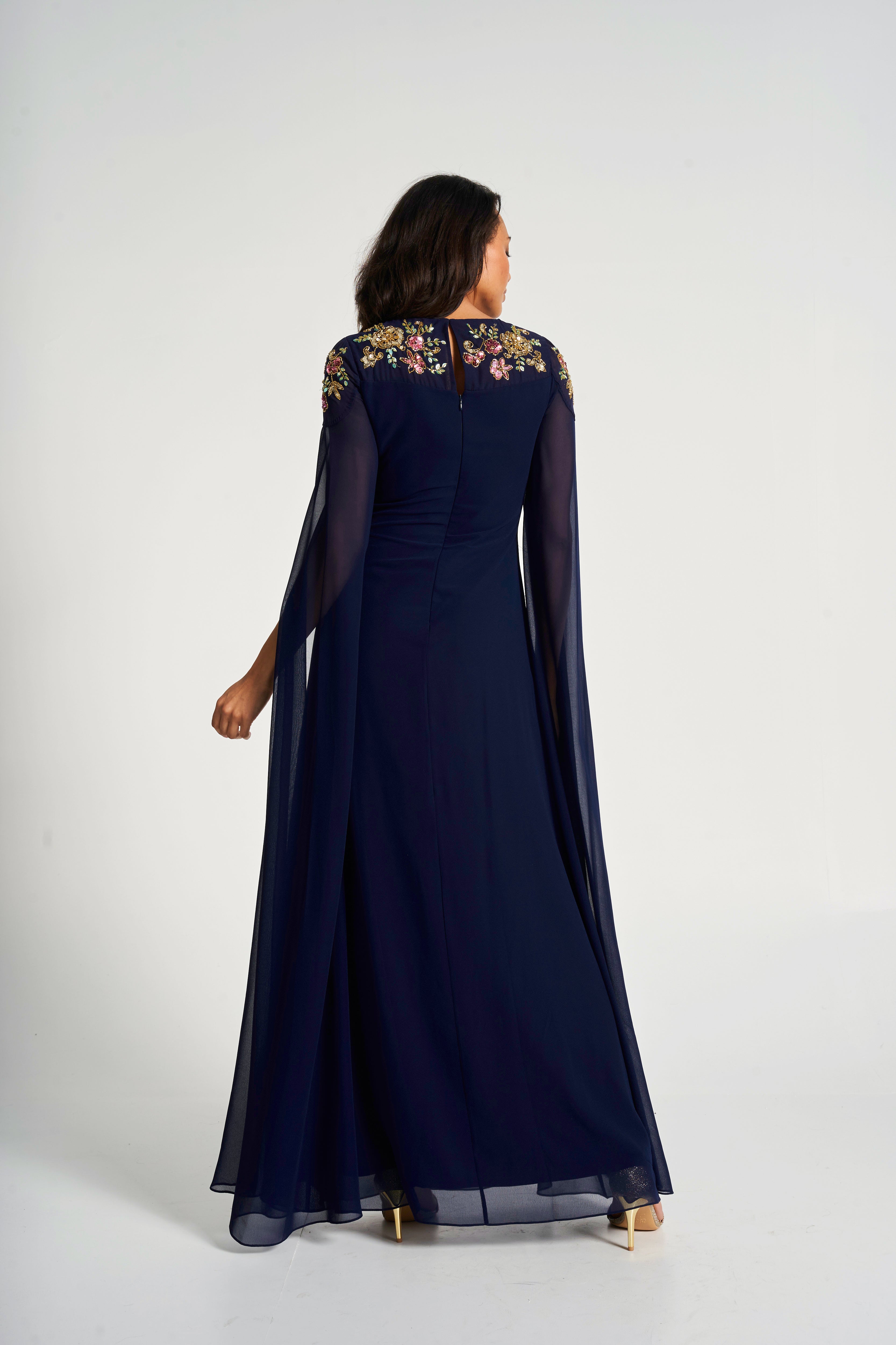Aster Navy Floral Embellished Cape Sleeve Maxi Dress Frock and Frill Aster Navy Floral Embellished Cape Sleeve Maxi Dress Frock and Frill