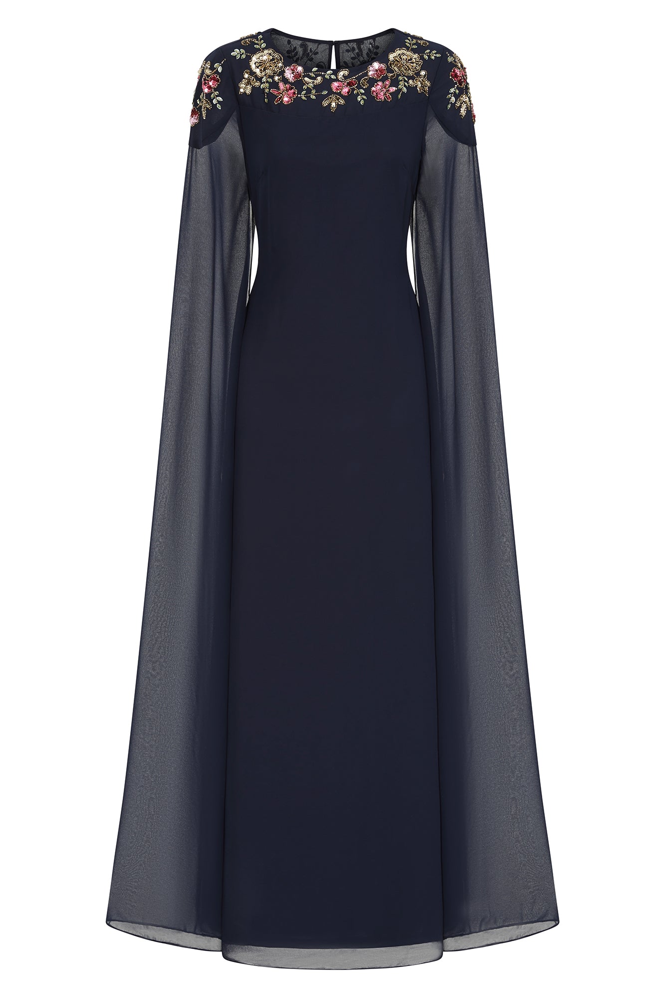 Aster Navy Floral Embellished Cape Sleeve Maxi Dress