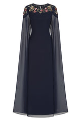 Aster Navy Floral Embellished Cape Sleeve Maxi Dress