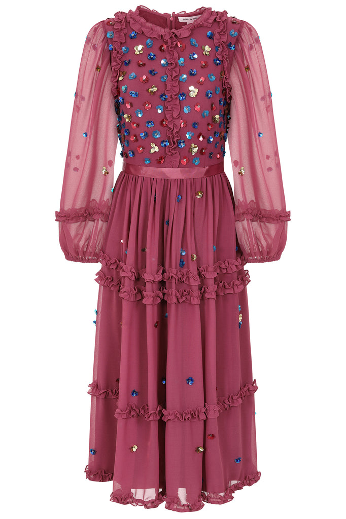 Astor Floral Sequin Midi Dress in Raspberry