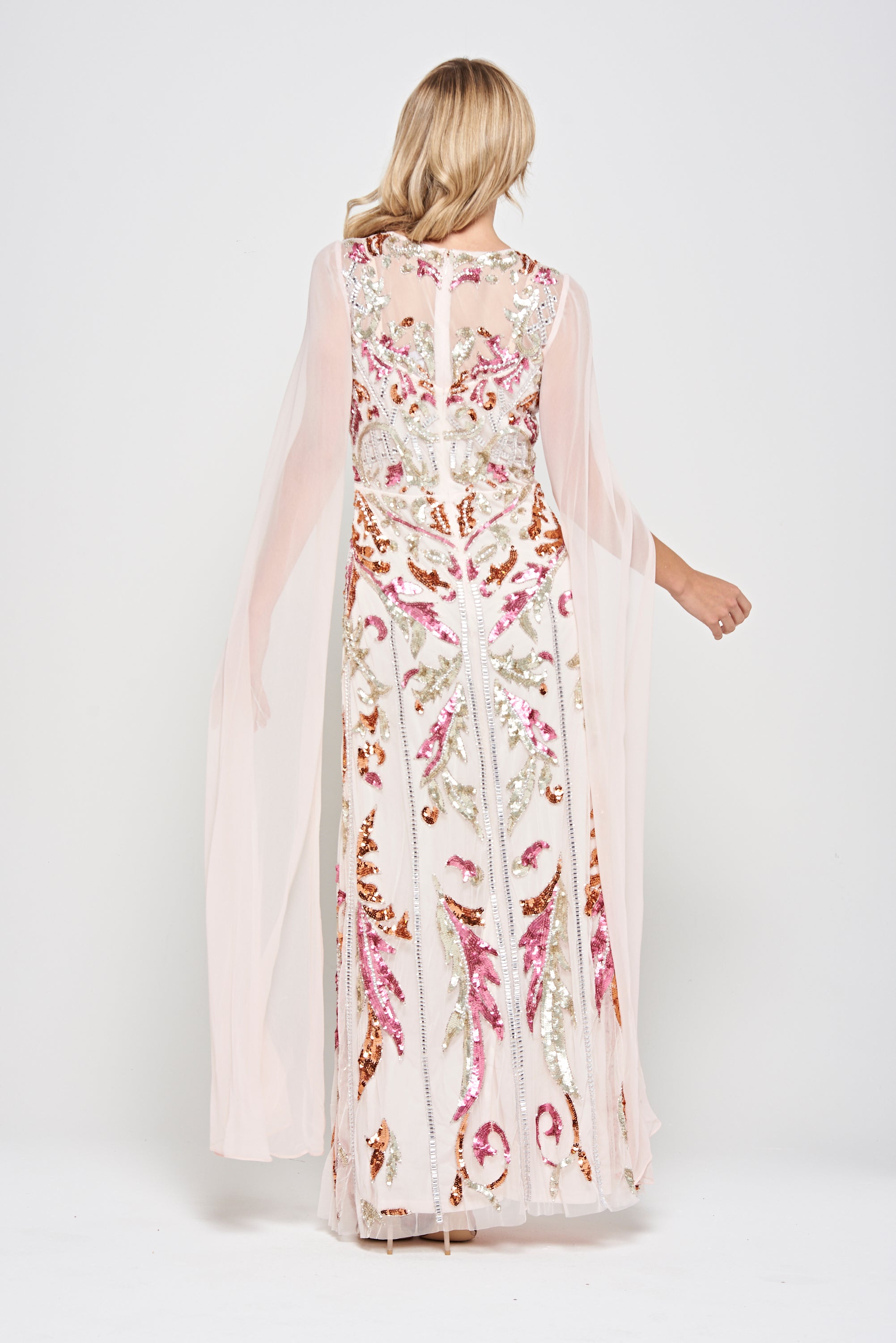 Aurelia Shell Embellished Cape Sleeve Maxi Dress 