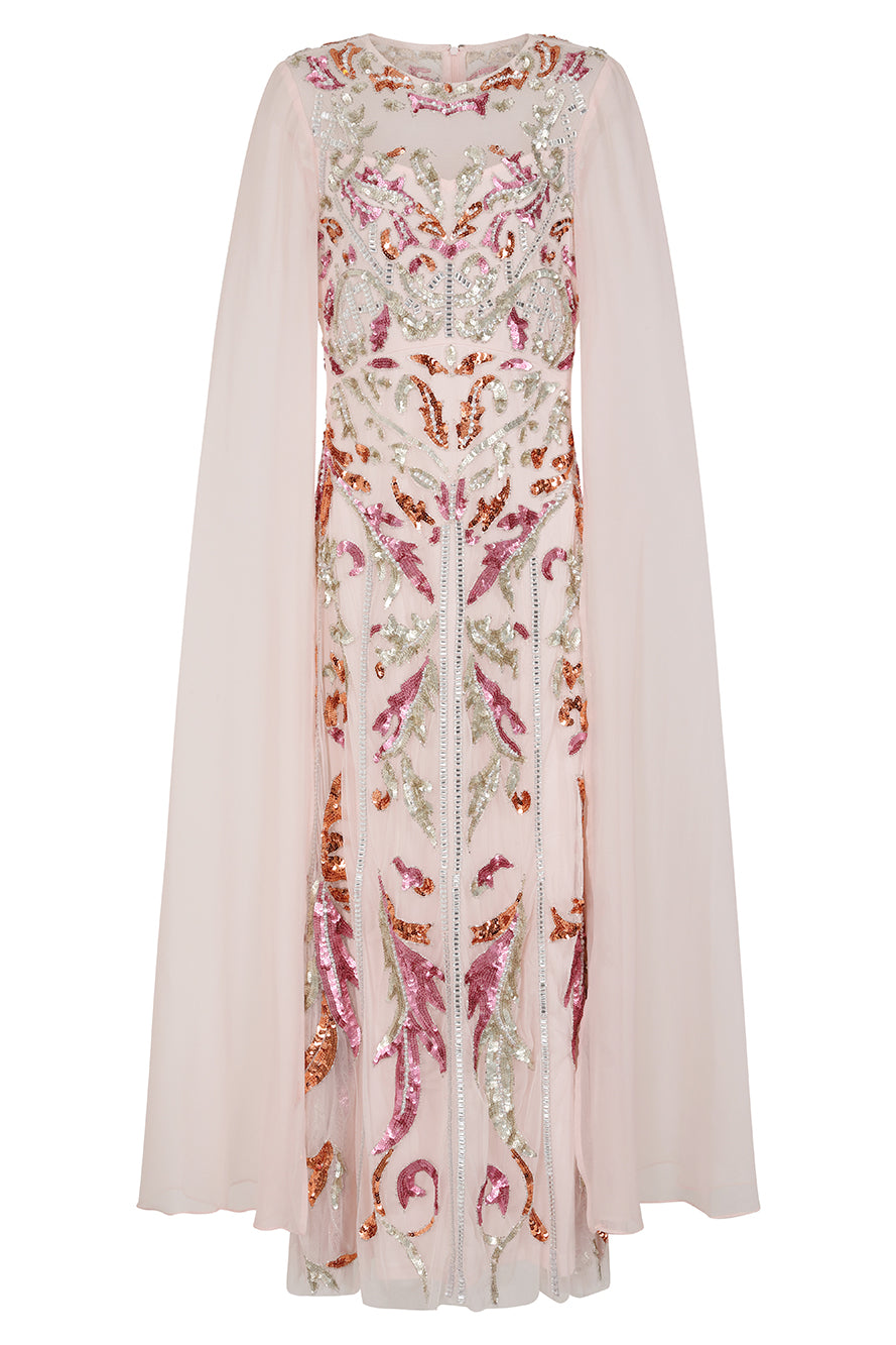 Aurelia Shell Embellished Cape Sleeve Maxi Dress 
